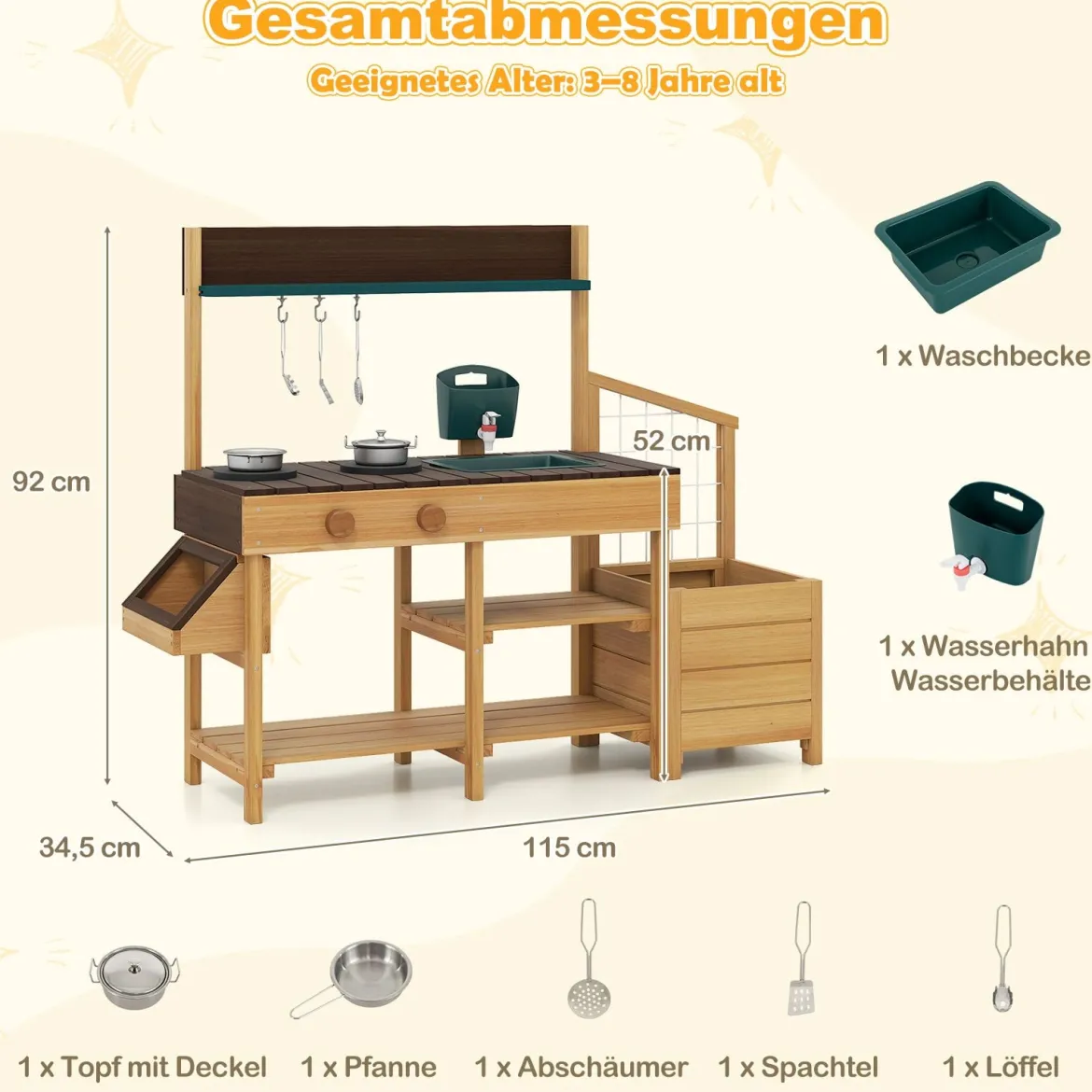 Kinder Matschküche mit Pflanzkasten & Rankgitter Outdoor Kinderküche mit Wasserfunktion Natur + Braun