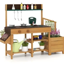 Kinder Matschküche mit Pflanzkasten & Rankgitter Outdoor Kinderküche mit Wasserfunktion Natur + Braun