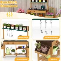 Kinder Matschküche mit Pflanzkasten & Rankgitter Outdoor Kinderküche mit Wasserfunktion Natur + Braun