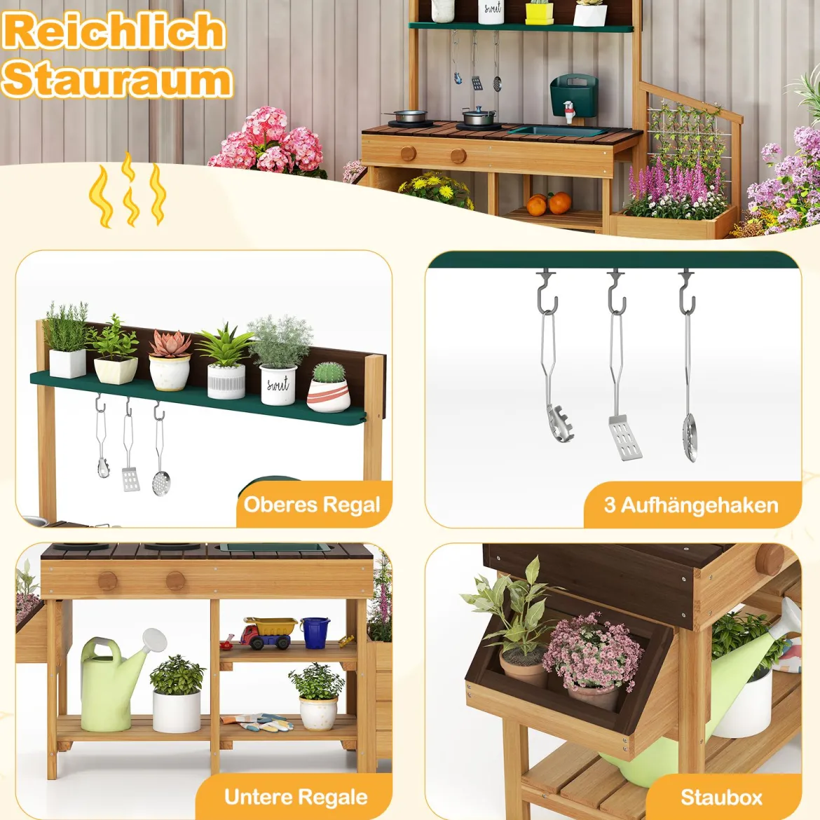Kinder Matschküche mit Pflanzkasten & Rankgitter Outdoor Kinderküche mit Wasserfunktion Natur + Braun