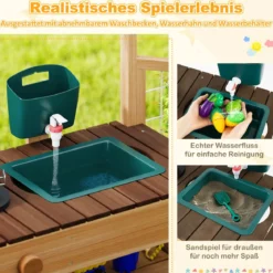Kinder Matschküche mit Pflanzkasten & Rankgitter Outdoor Kinderküche mit Wasserfunktion Natur + Braun