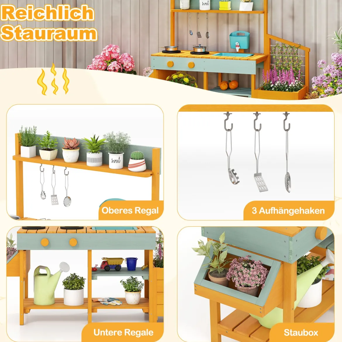 Kinder Matschküche mit Pflanzkasten & Rankgitter Outdoor Kinderküche mit Wasserfunktion Gelb + Hellgrün