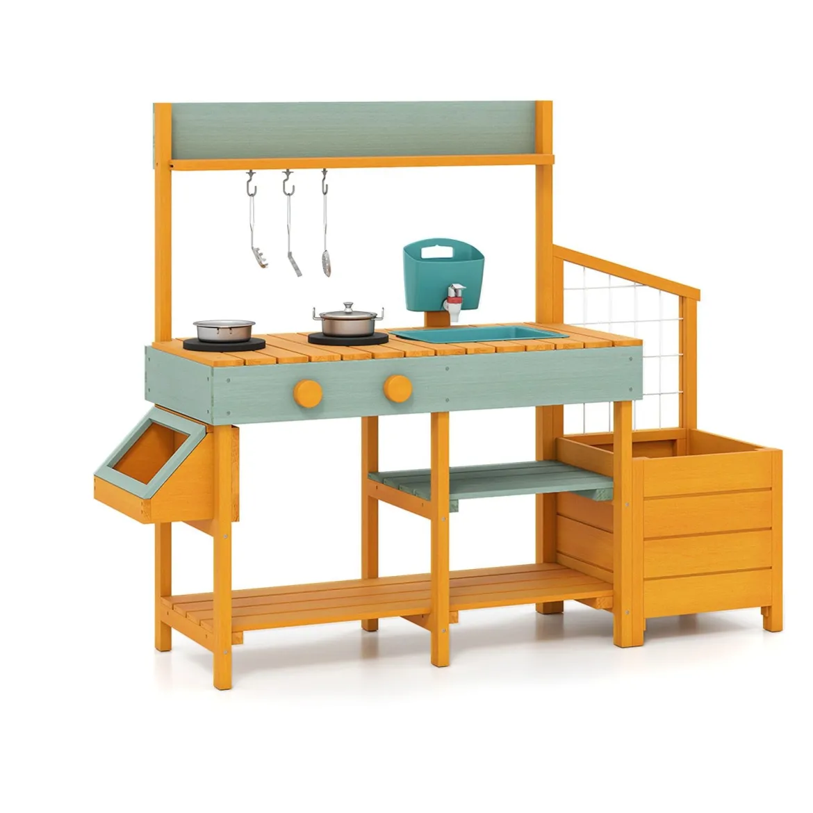 Kinder Matschküche mit Pflanzkasten & Rankgitter Outdoor Kinderküche mit Wasserfunktion Gelb + Hellgrün