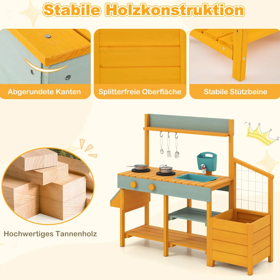 Kinder Matschküche mit Pflanzkasten & Rankgitter Outdoor Kinderküche mit Wasserfunktion Gelb + Hellgrün