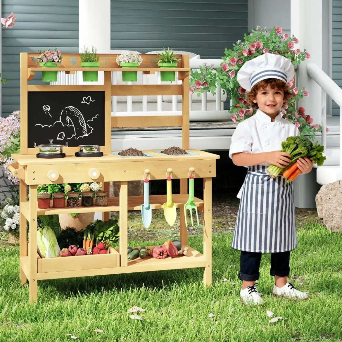 Kinder-Matschküche mit Tafel & Wasserhahn & Spülen & Blumentöpfen Holz Kinderküche
