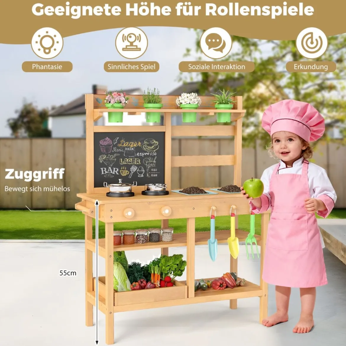 Kinder-Matschküche mit Tafel & Wasserhahn & Spülen & Blumentöpfen Holz Kinderküche