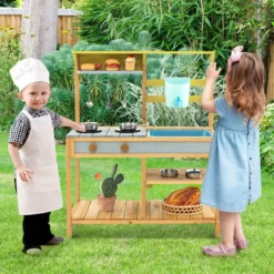 Kinder Matschküche mit Wasserfunktion & Haken & Abnehmbarem Regal Holz Kinderküche