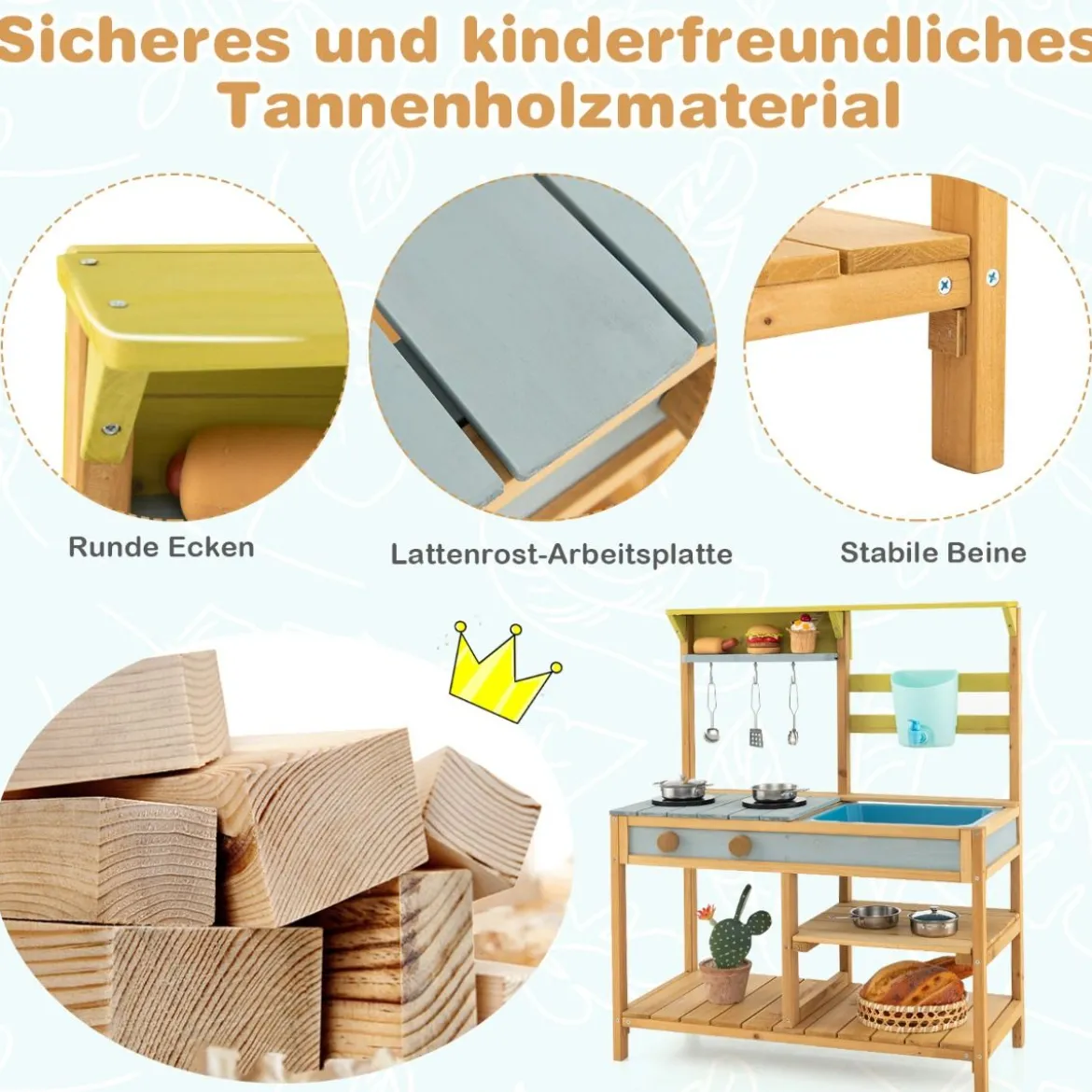 Kinder Matschküche mit Wasserfunktion & Haken & Abnehmbarem Regal Holz Kinderküche