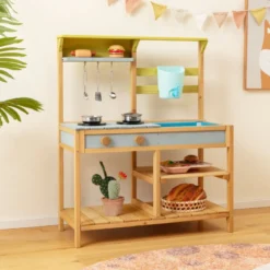 Kinder Matschküche mit Wasserfunktion & Haken & Abnehmbarem Regal Holz Kinderküche