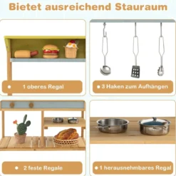 Kinder Matschküche mit Wasserfunktion & Haken & Abnehmbarem Regal Holz Kinderküche