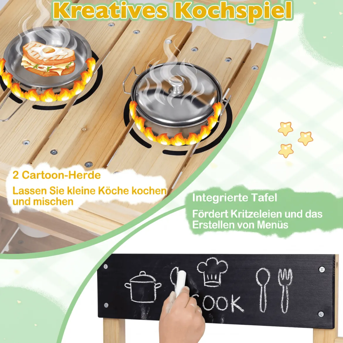 Kinder Matschküche Outdoor Kinderspielküche mit Herd Spüle Wassertank Pflanztöpfen und Kreidetafel