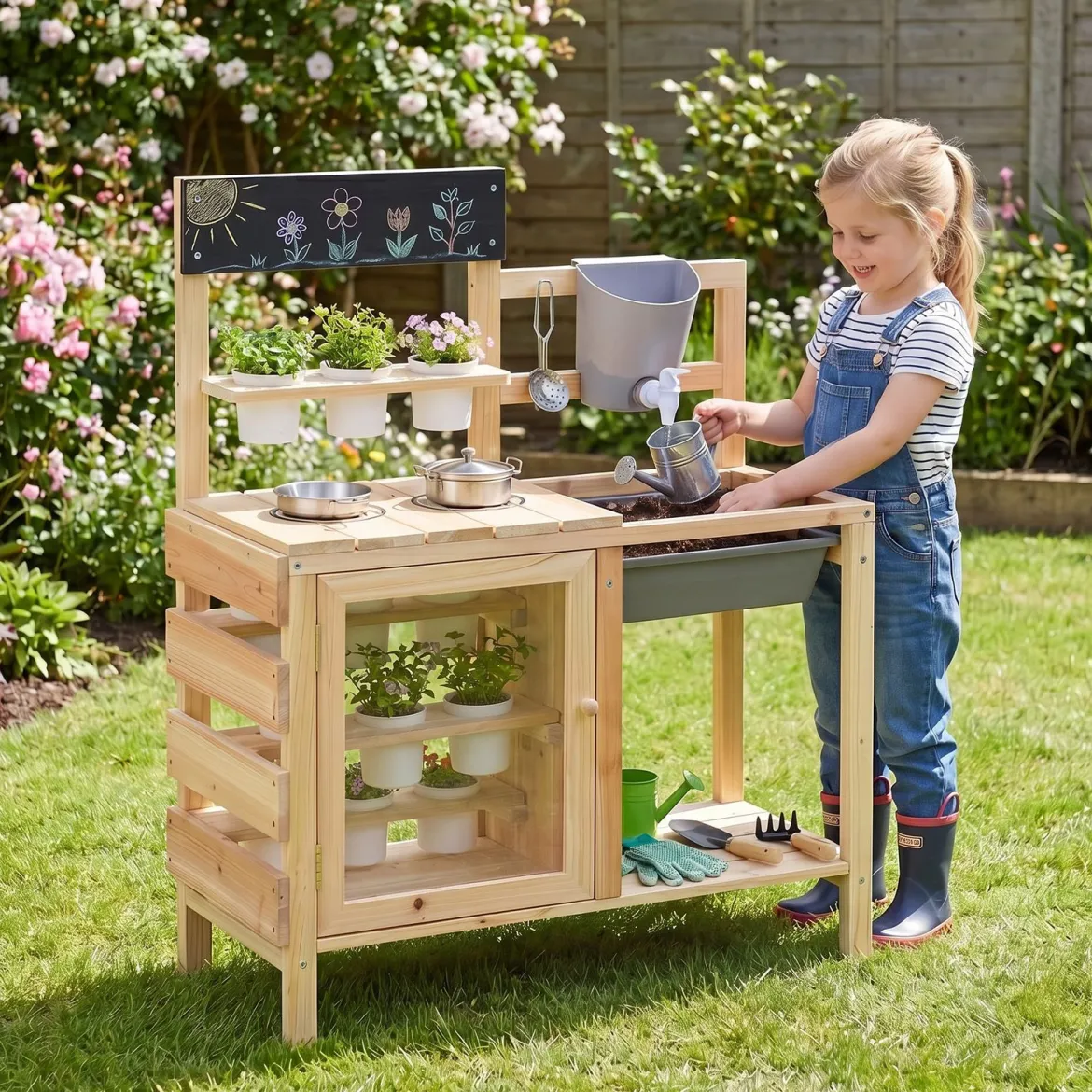 Kinder Matschküche Outdoor Kinderspielküche mit Herd Spüle Wassertank Pflanztöpfen und Kreidetafel