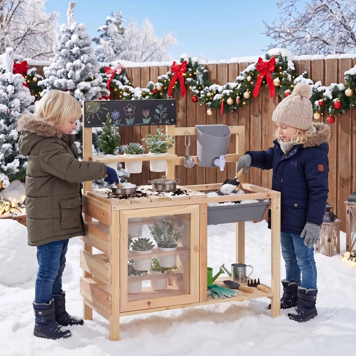 Kinder Matschküche Outdoor Kinderspielküche mit Herd Spüle Wassertank Pflanztöpfen und Kreidetafel