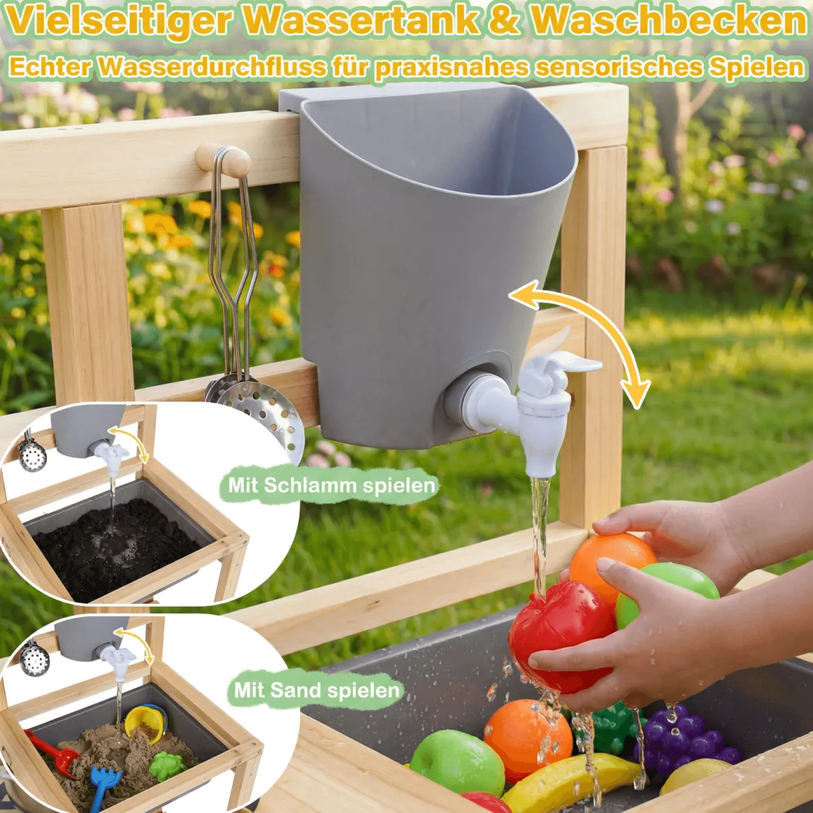 Kinder Matschküche Outdoor Kinderspielküche mit Herd Spüle Wassertank Pflanztöpfen und Kreidetafel