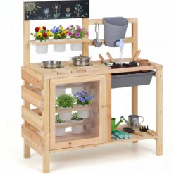 Kinder Matschküche Outdoor Kinderspielküche mit Herd Spüle Wassertank Pflanztöpfen und Kreidetafel