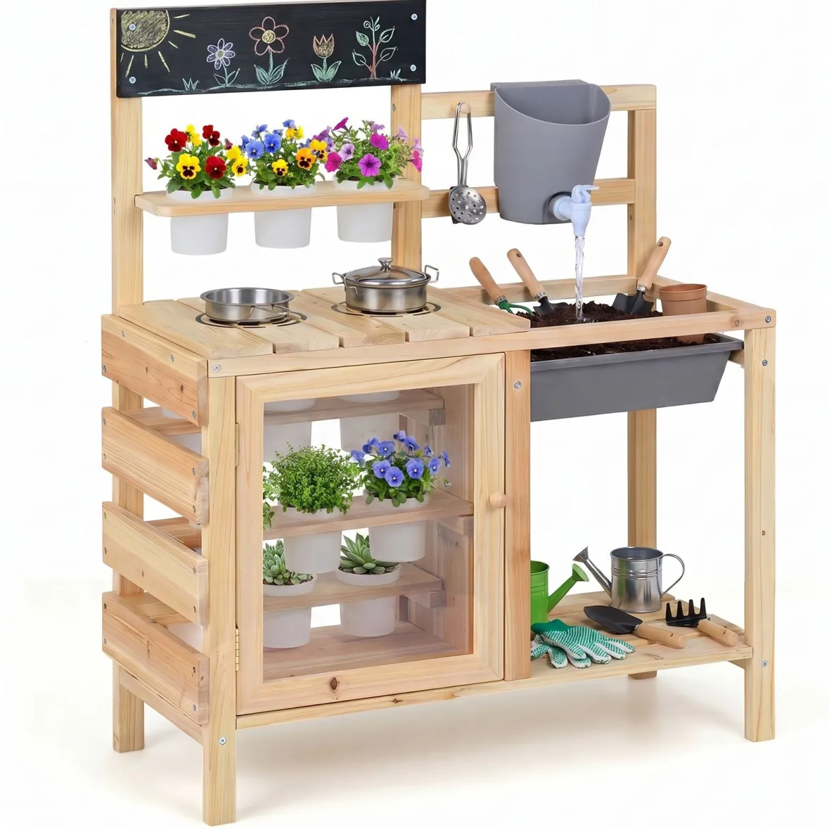 Kinder Matschküche Outdoor Kinderspielküche mit Herd Spüle Wassertank Pflanztöpfen und Kreidetafel
