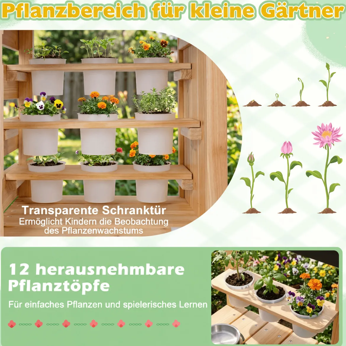 Kinder Matschküche Outdoor Kinderspielküche mit Herd Spüle Wassertank Pflanztöpfen und Kreidetafel