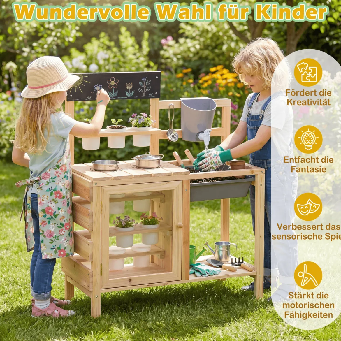 Kinder Matschküche Outdoor Kinderspielküche mit Herd Spüle Wassertank Pflanztöpfen und Kreidetafel