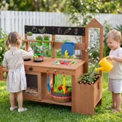 Kinder Matschküche Outdoor Spielküche aus Holz mit Abnehmbarem Vogelkäfig für Kinder ab 3 Jahren