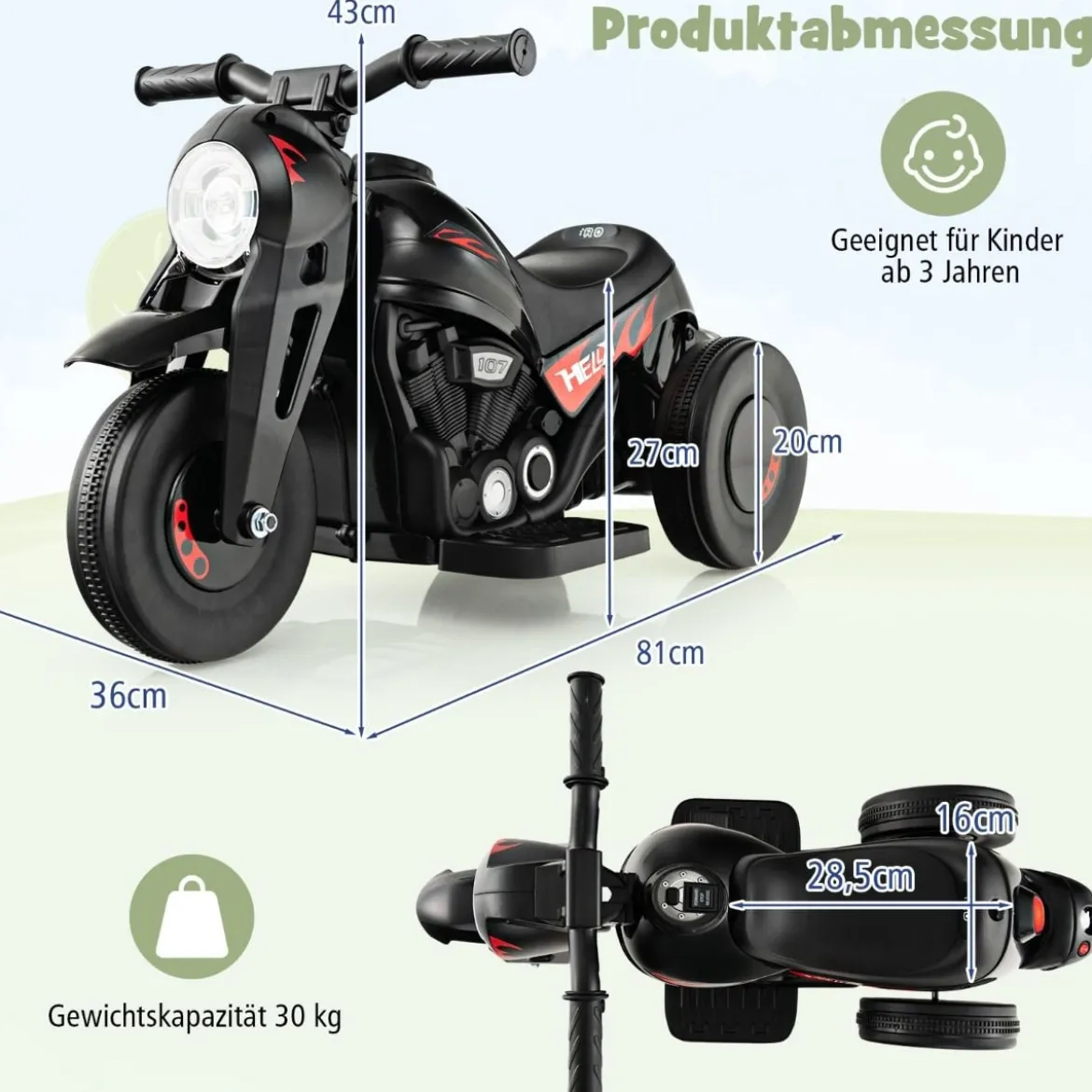 Kinder Motorrad mit Seifenblasenmaschine & Musik & LED Scheinwerfer Kindermotorrad Schwarz