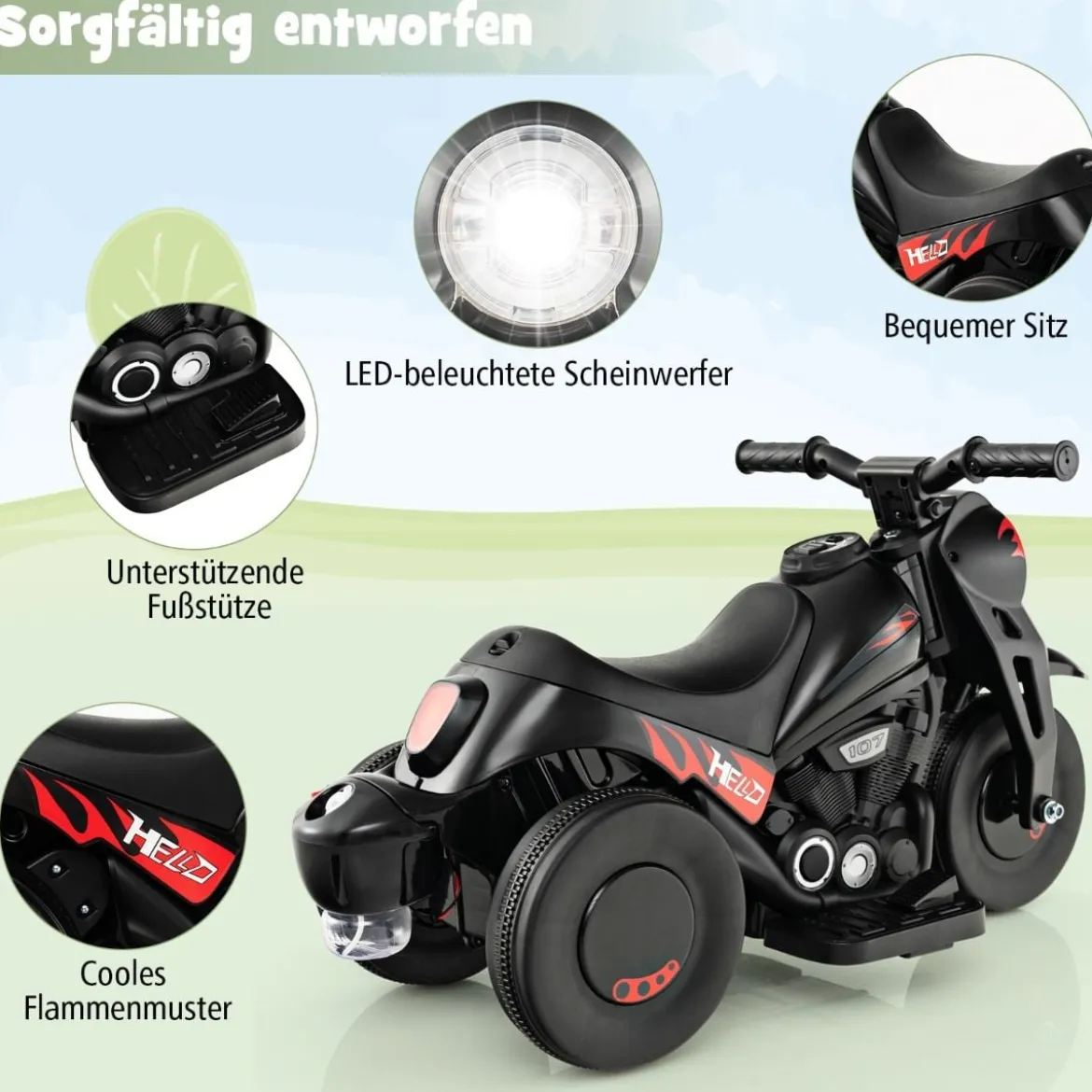 Kinder Motorrad mit Seifenblasenmaschine & Musik & LED Scheinwerfer Kindermotorrad Schwarz