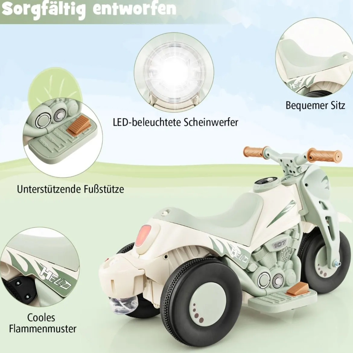 Kinder Motorrad mit Seifenblasenmaschine & Musik & LED Scheinwerfer Kindermotorrad Beige