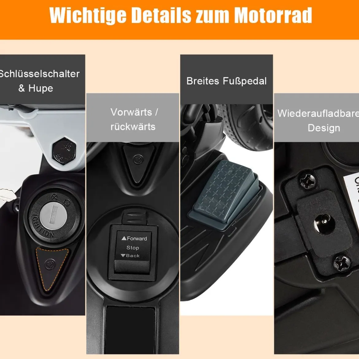 Kinder Motorrad mit Stützrädern Elektro-Motorrad mit LED-Lichter und Musik Schwarz