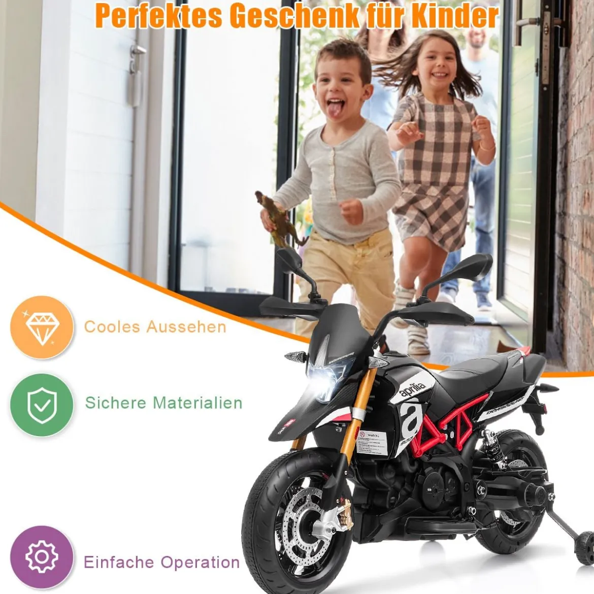 Kinder Motorrad mit Stützrädern Elektro-Motorrad mit LED-Lichter und Musik Schwarz