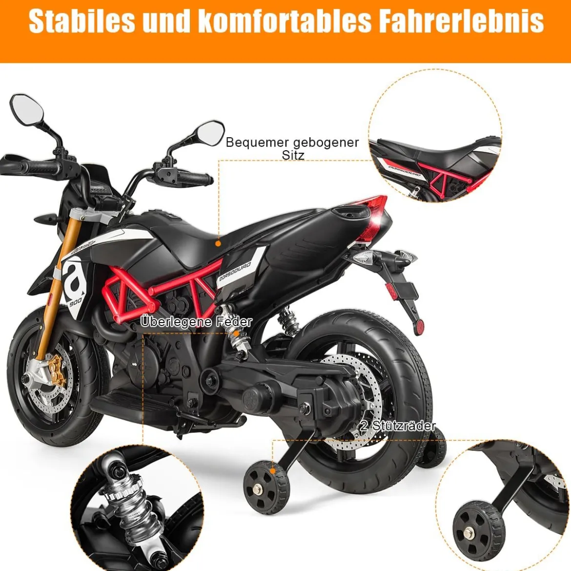 Kinder Motorrad mit Stützrädern Elektro-Motorrad mit LED-Lichter und Musik Schwarz