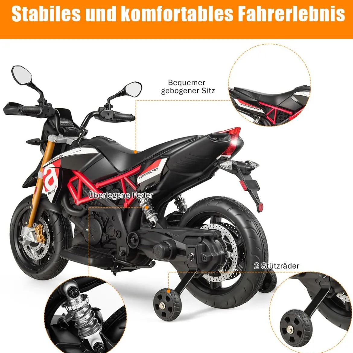 Kinder Motorrad mit Stützrädern Elektro-Motorrad mit LED-Lichter und Musik Kindermotorrad bis 25kg belastbar Rot