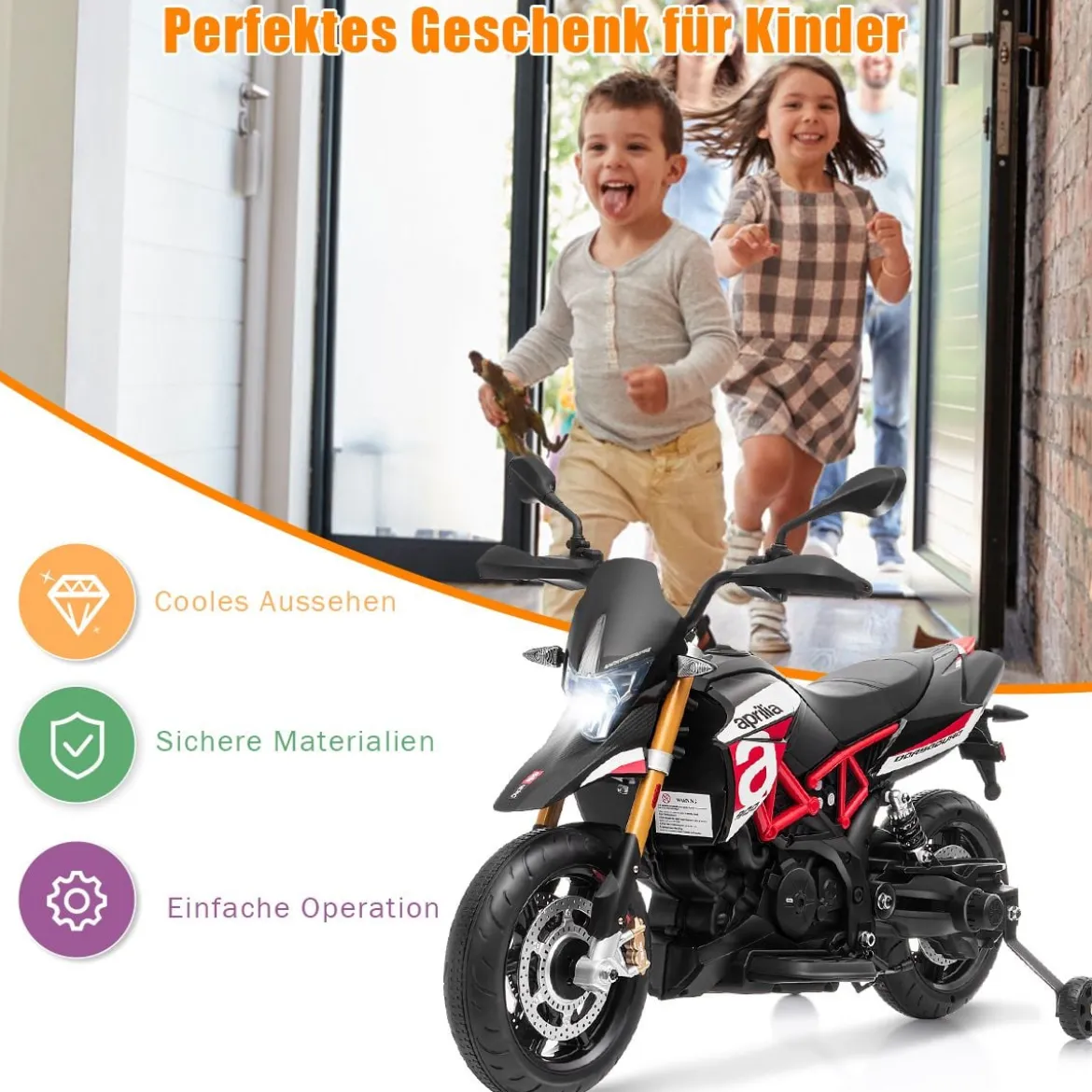 Kinder Motorrad mit Stützrädern Elektro-Motorrad mit LED-Lichter und Musik Kindermotorrad bis 25kg belastbar Rot