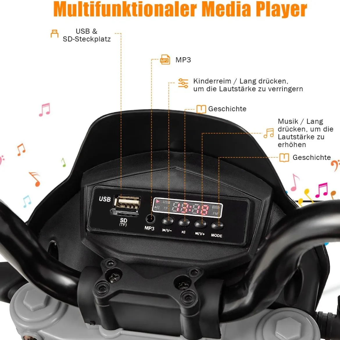 Kinder Motorrad mit Stützrädern Elektro-Motorrad mit LED-Lichter und Musik Kindermotorrad bis 25kg belastbar Rot