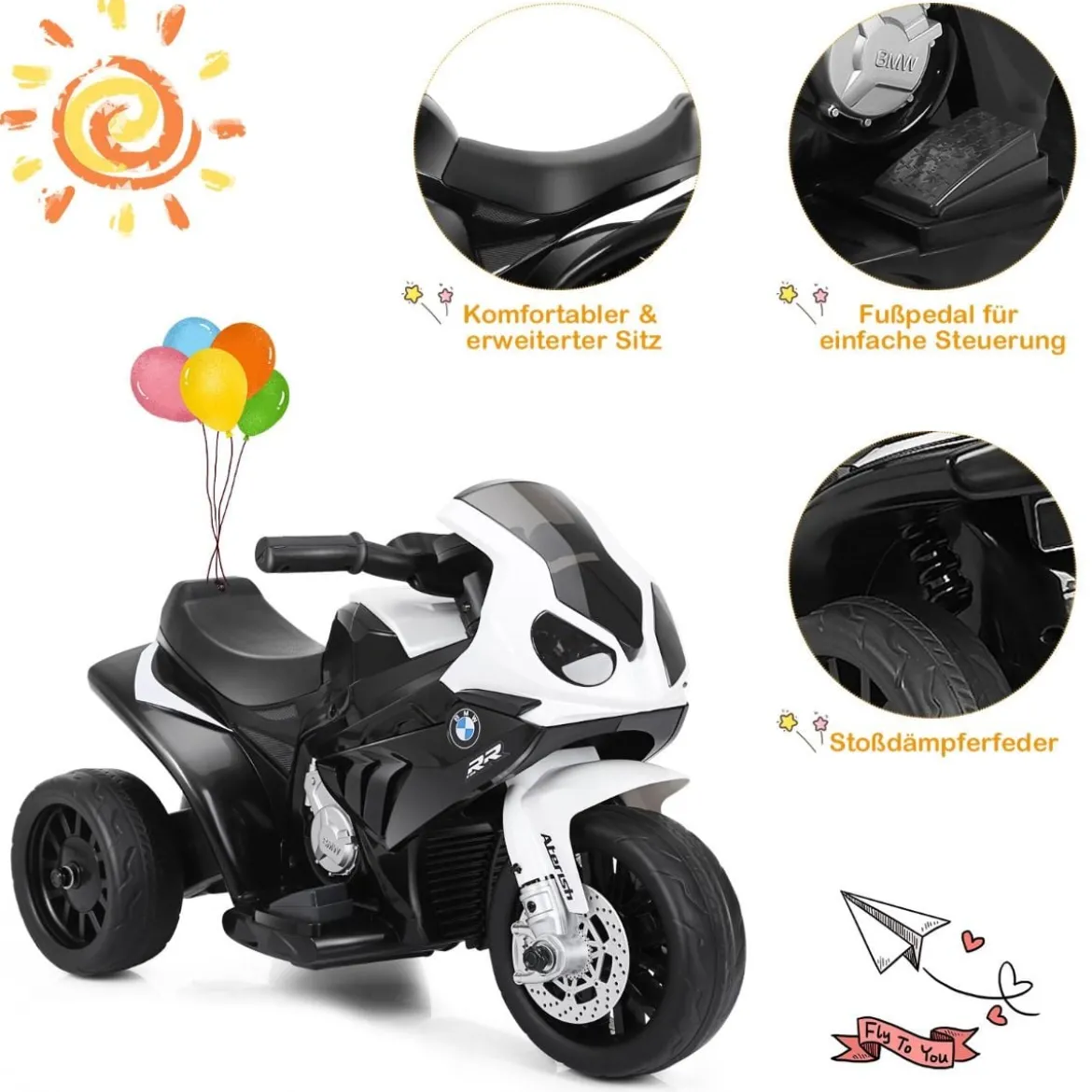 Kindermotorrad 6v Kinderfahrzeug 6v Kinderfahrzeug mit Musik 66 x 37 x 44,5 cm Schwarz + Weiß