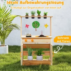 Kinder Mud Kitchen mit Pflanzentöpfen & Kochgeschirr & Herden Holz Spielküche Spielset