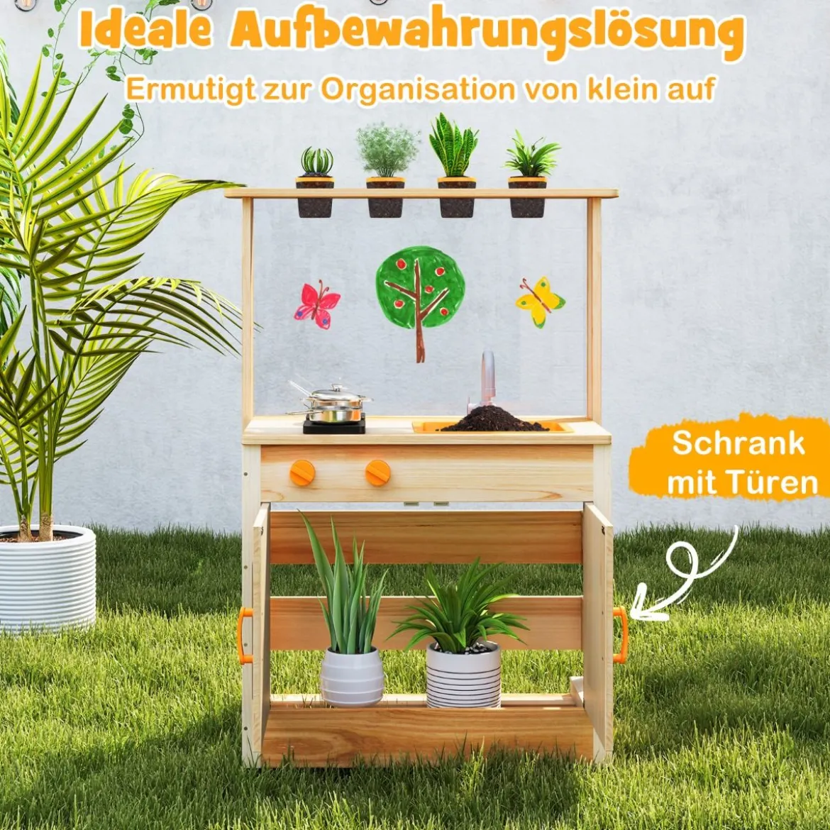 Kinder Mud Kitchen mit Pflanzentöpfen & Kochgeschirr & Herden Holz Spielküche Spielset