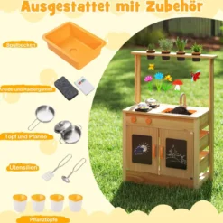 Kinder Mud Kitchen mit Pflanzentöpfen & Kochgeschirr & Herden Holz Spielküche Spielset