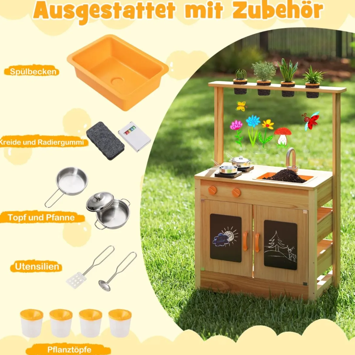 Kinder Mud Kitchen mit Pflanzentöpfen & Kochgeschirr & Herden Holz Spielküche Spielset