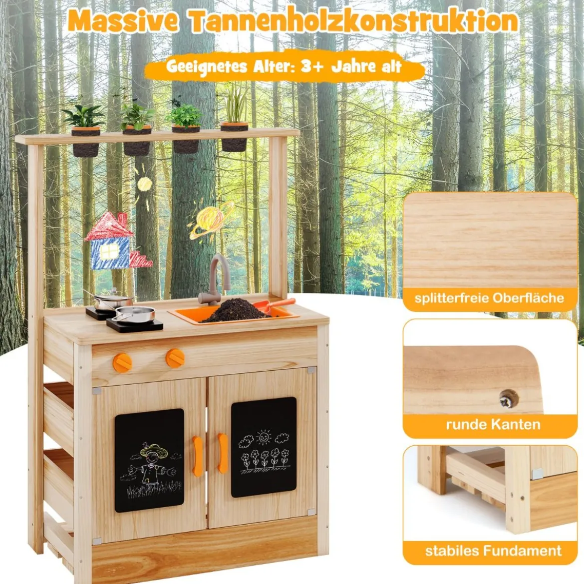 Kinder Mud Kitchen mit Pflanzentöpfen & Kochgeschirr & Herden Holz Spielküche Spielset