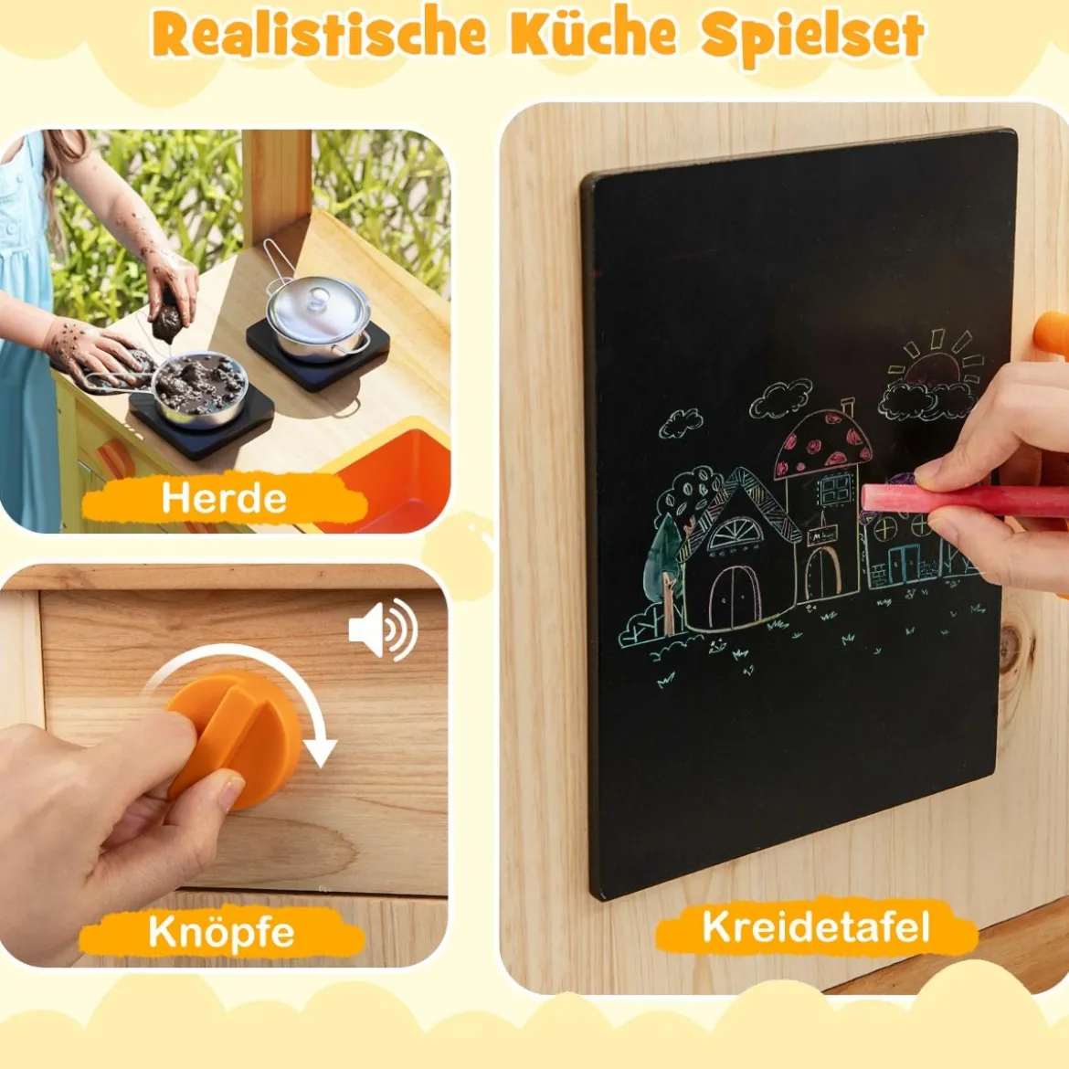 Kinder Mud Kitchen mit Pflanzentöpfen & Kochgeschirr & Herden Holz Spielküche Spielset