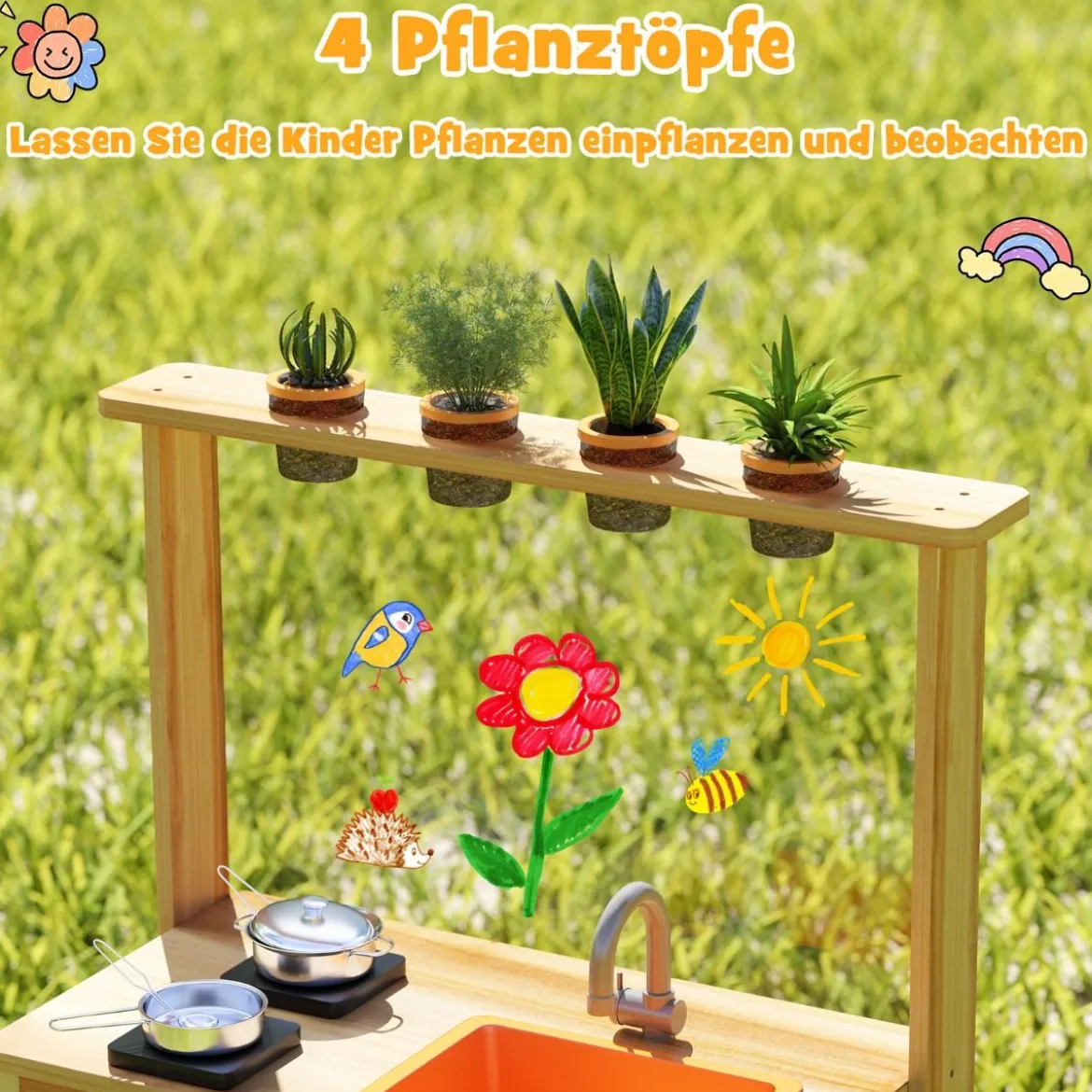 Kinder Mud Kitchen mit Pflanzentöpfen & Kochgeschirr & Herden Holz Spielküche Spielset