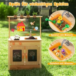 Kinder Mud Kitchen mit Pflanzentöpfen & Kochgeschirr & Herden Holz Spielküche Spielset
