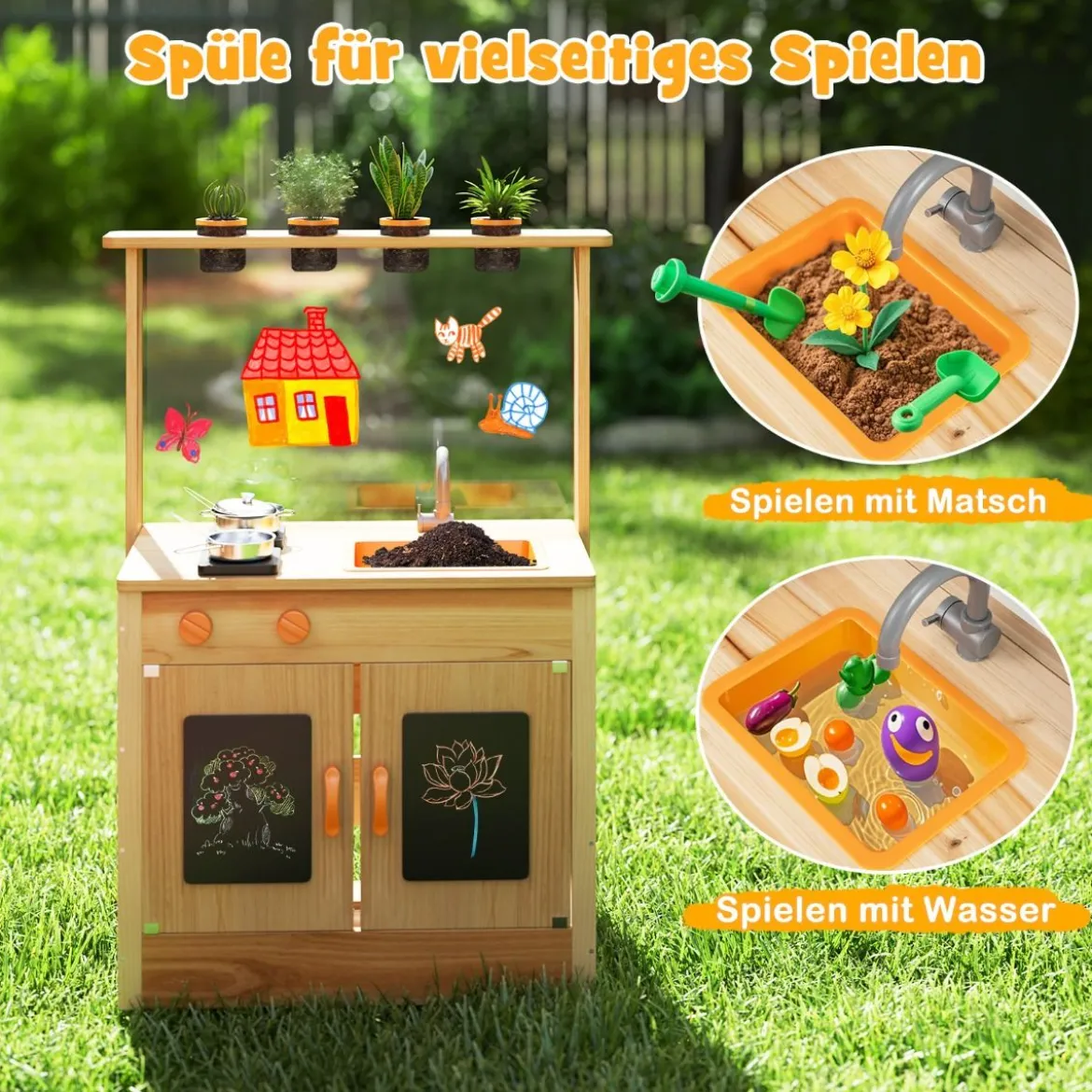 Kinder Mud Kitchen mit Pflanzentöpfen & Kochgeschirr & Herden Holz Spielküche Spielset