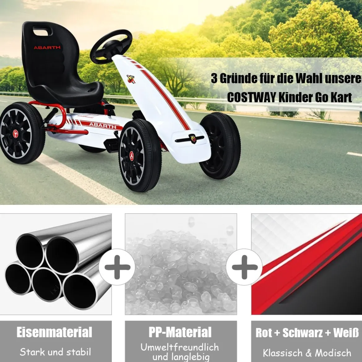 Kinder Pedal Go Kart Aufsitzauto mit Verstellbarem Schalensitz Kinderfahrzeug für Kinder Gokart Weiß