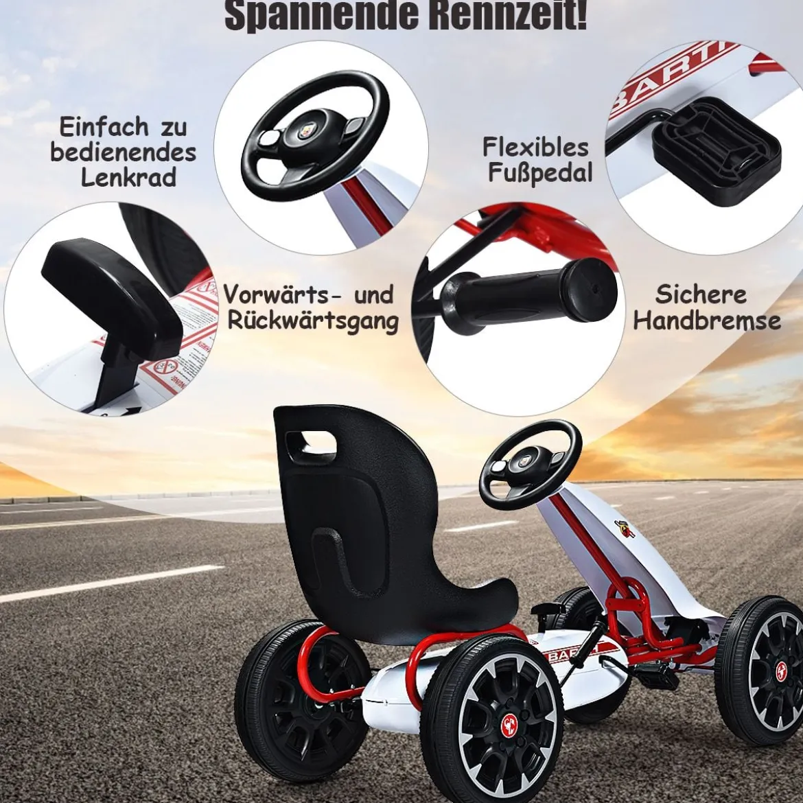 Kinder Pedal Go Kart Aufsitzauto mit Verstellbarem Schalensitz Kinderfahrzeug für Kinder Gokart Weiß