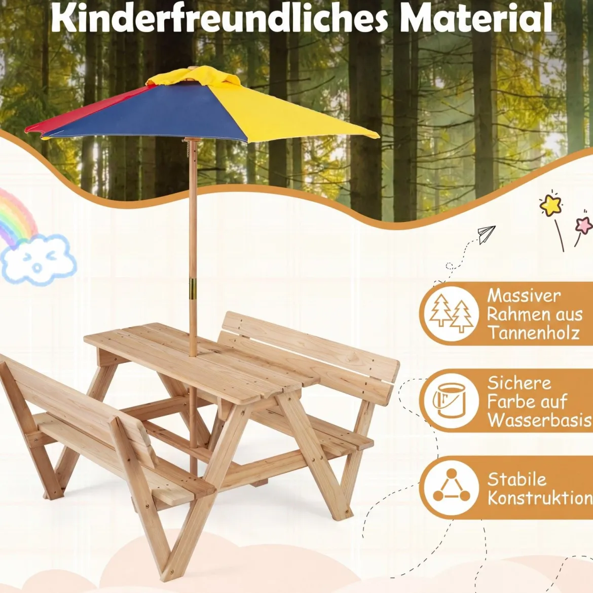 Kinder Picknicktisch mit Sonnenschirm Kindersitzgruppe aus Tannenholz mit 2 Bänken und Rückenlehnen
