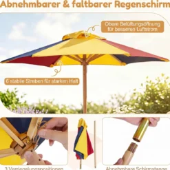 Kinder Picknicktisch mit Sonnenschirm Kindersitzgruppe aus Tannenholz mit 2 Bänken und Rückenlehnen