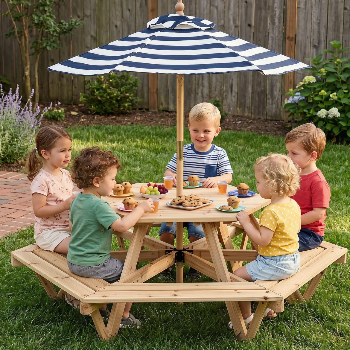 Kinder Picknicktisch Sechseckig Kindersitzgruppe mit Abnehmbarem Sonnenschirm für 6 Kinder