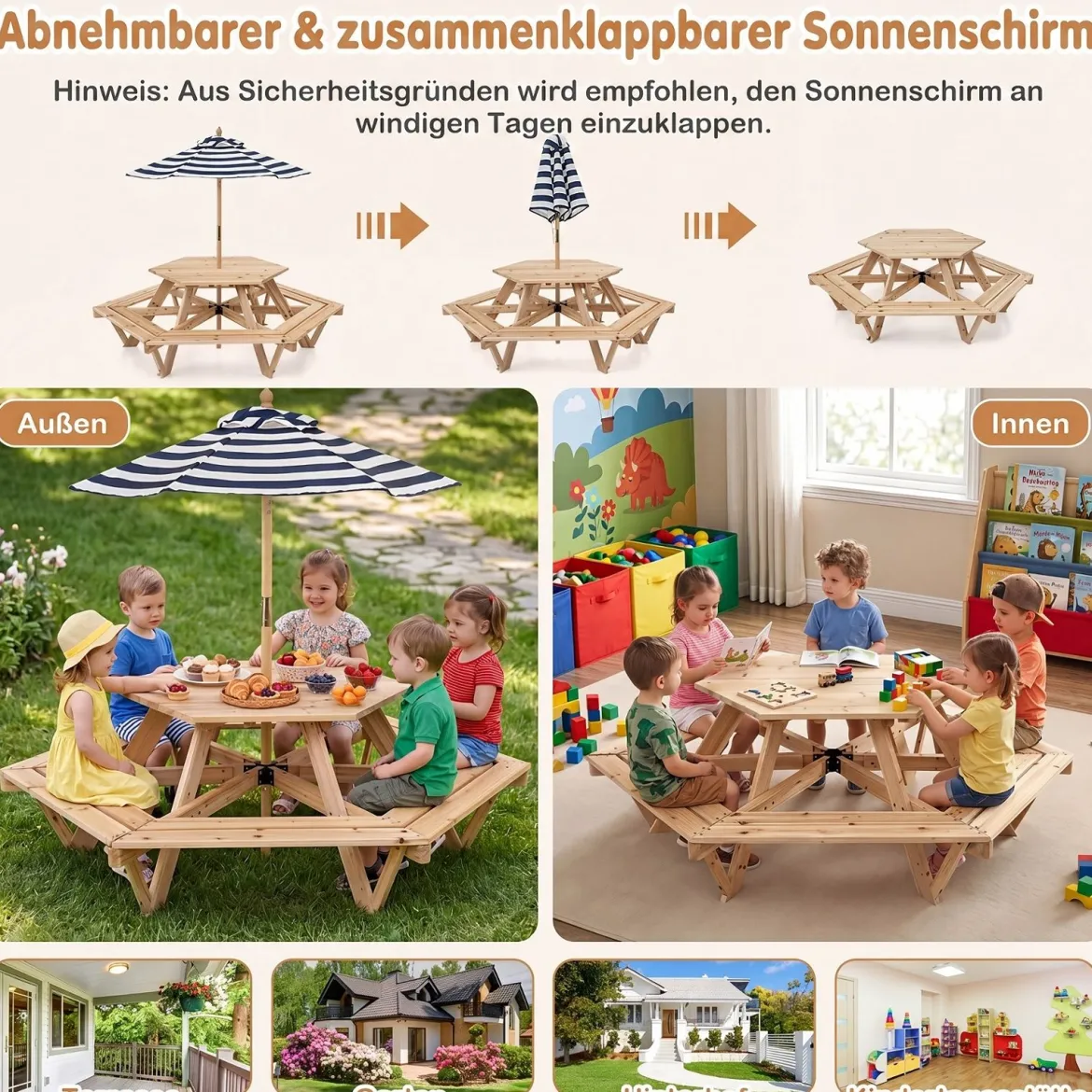 Kinder Picknicktisch Sechseckig Kindersitzgruppe mit Abnehmbarem Sonnenschirm für 6 Kinder