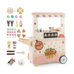 Kinder Pizza Food Truck Holz-Snackwagen zum Rollenspielen mit Ofen magnetische Tafel Rosa