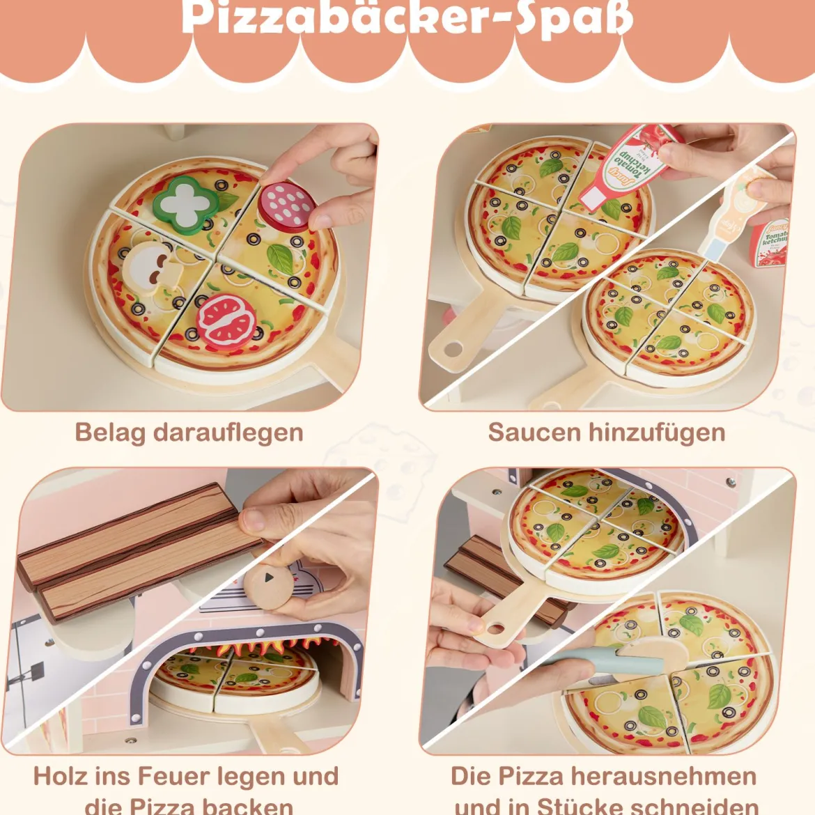 Kinder Pizza Food Truck Holz-Snackwagen zum Rollenspielen mit Ofen magnetische Tafel Rosa